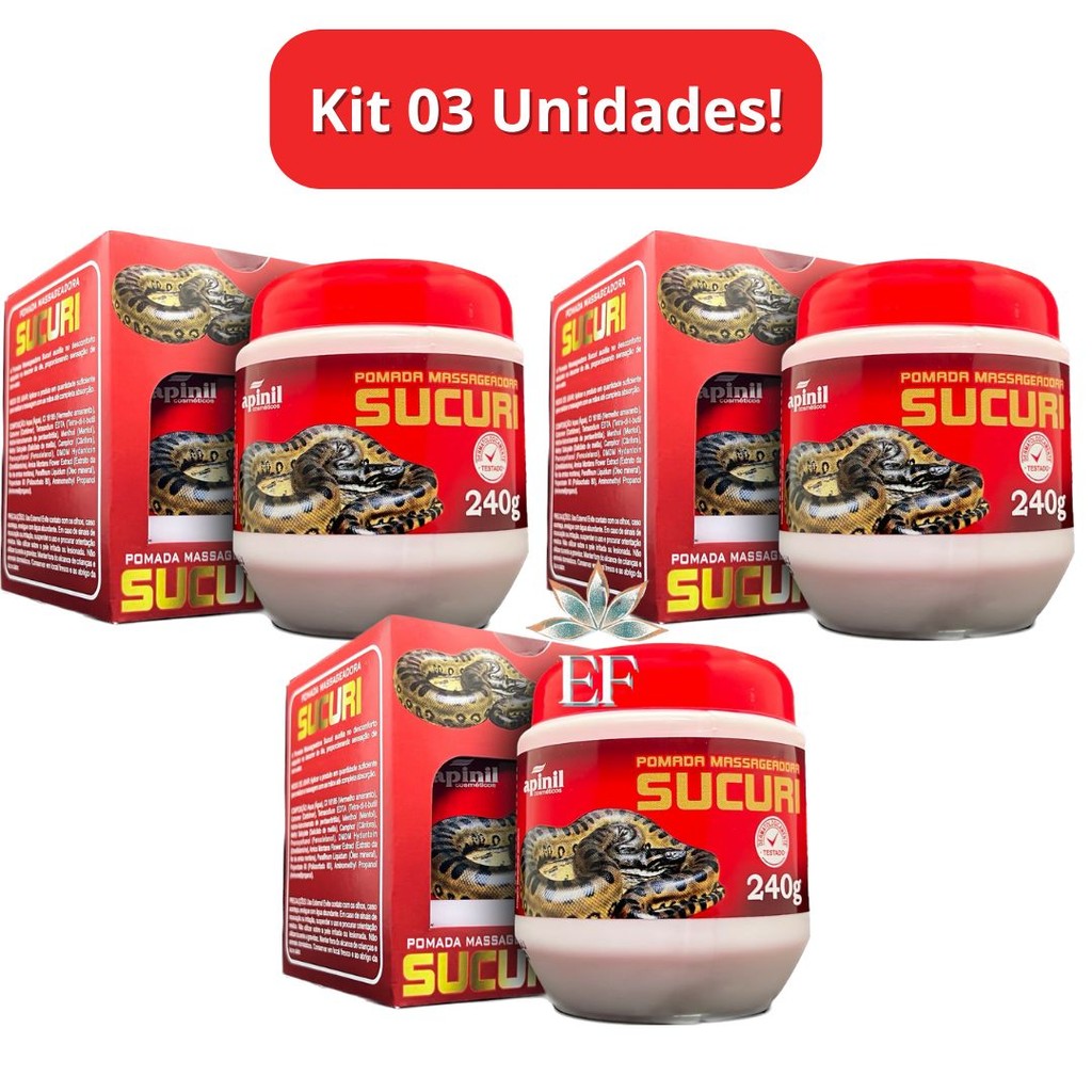 Kit Com 3 Unidades Pomada Massageadora Sucuri 240g Apinil Cosméticos em Oferta na Shopee