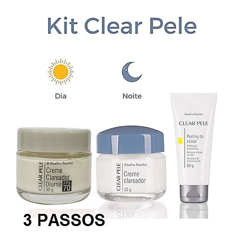 Kit Clear Pele Creme Clareador Facial Dia 70 Creme Facial Noturno Peeling de Cristal Restaura a Pele Abelha Rainha