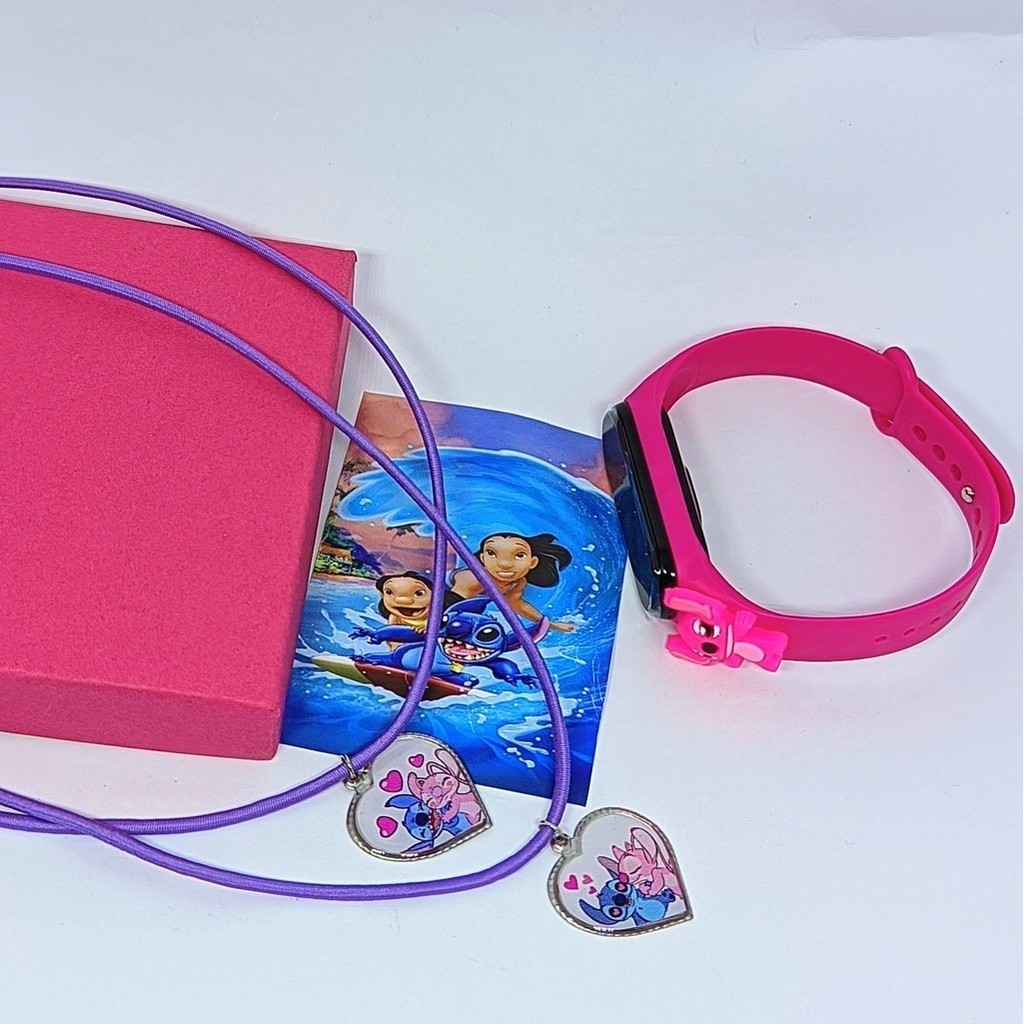 Kit Relógio Infantil Digital Led Bracelete Silicone 3D Disney Lilo e Stitch + Colar Amizade Best Friends Menina Menino