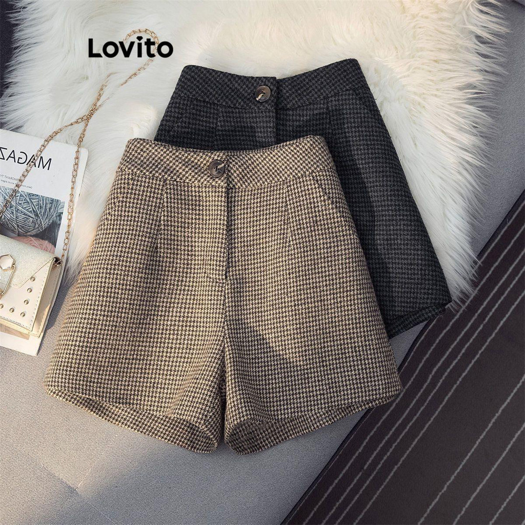 (Trendy) Lovito Shorts Casuais Com Botões Lisos Para Mulheres LNL61123 em Oferta na Shopee