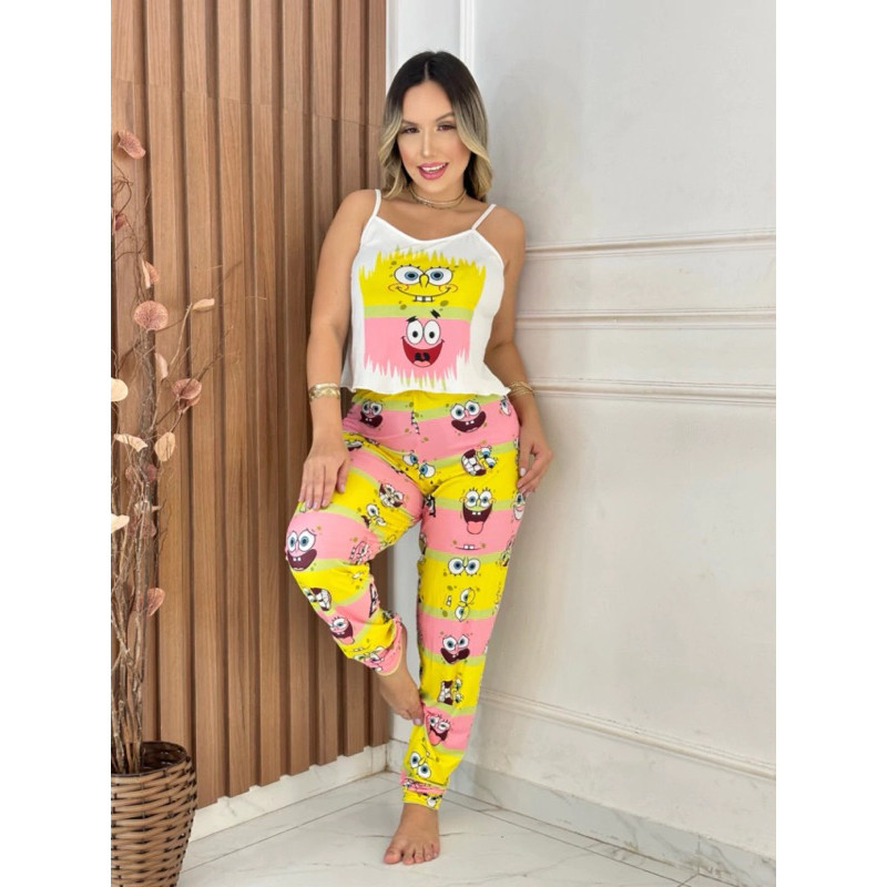 Pijama Calça e Regata Com Estampa Longo Temático Roupa de Dormir Design Divertido Feminina
