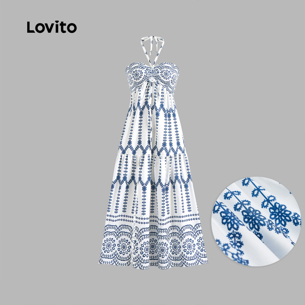 (Hot) Lovito Vestido Boho Geométrico Exagerado Plissado Vestido De Verão/Primavera Para Mulheres L124AD052 em Oferta na Shopee