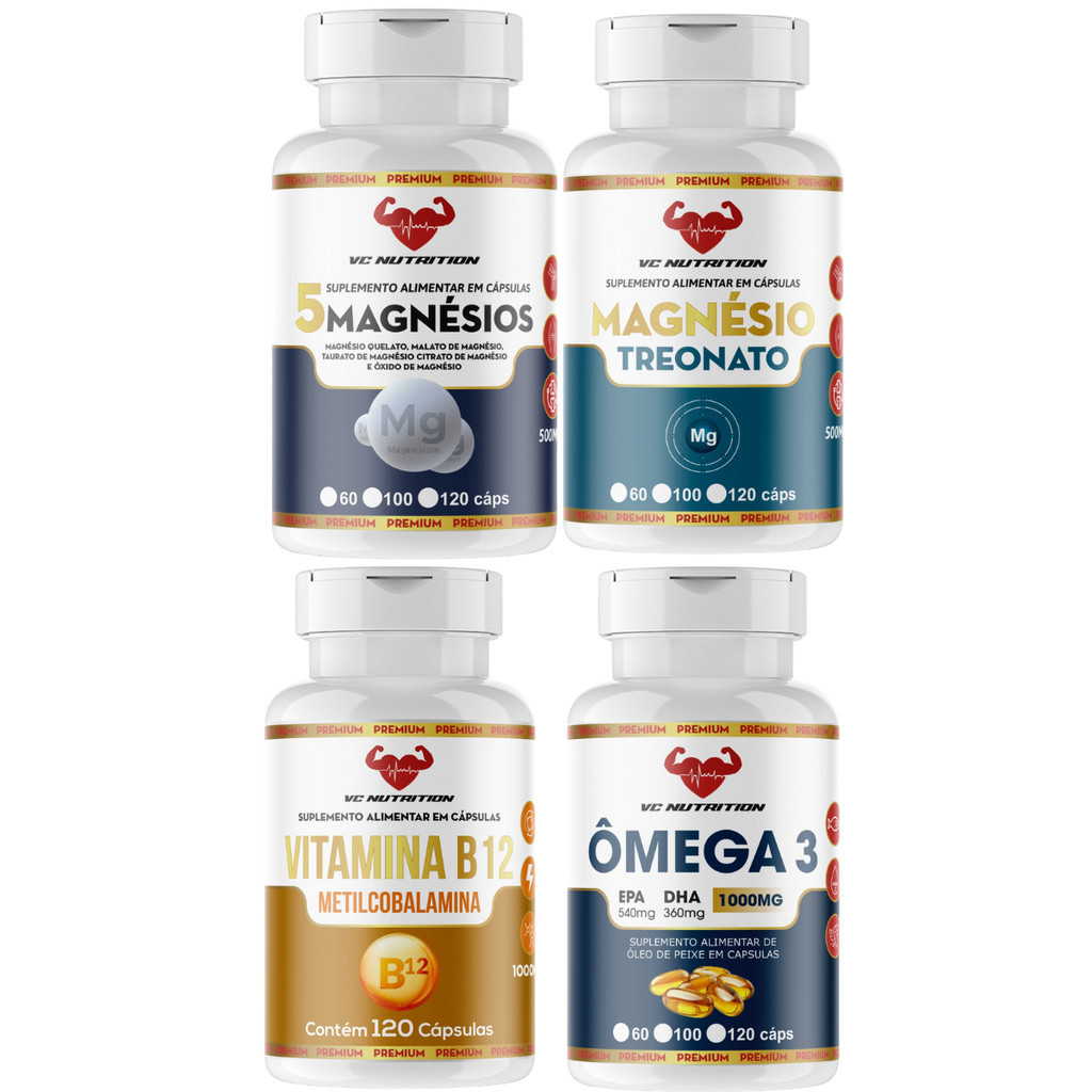 B12 metilcobalamina 1000mg, 5 magnésio, Ômega 1000mg, Magnésio L Treonato - Suplemento completo,