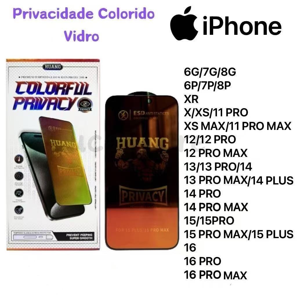 Película De Vidro 3D Colorido Privacidade Anti Spy Para IPhone XR ,XS ,11 12 13 14 15 16 17 PRO MAX