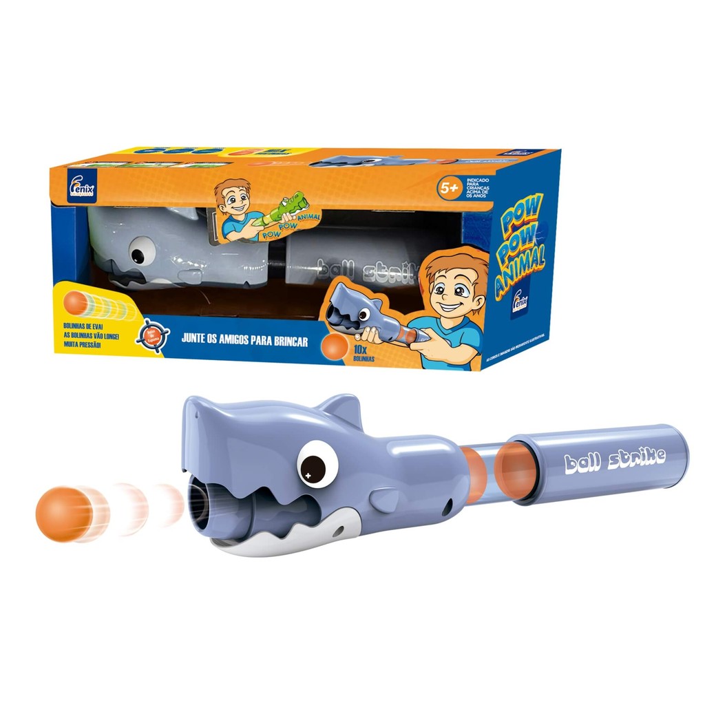 Lançador de Bolinhas Infantil Pow Pow Tubarão com 10 Bolinhas EVA Fenix - PPA-499T