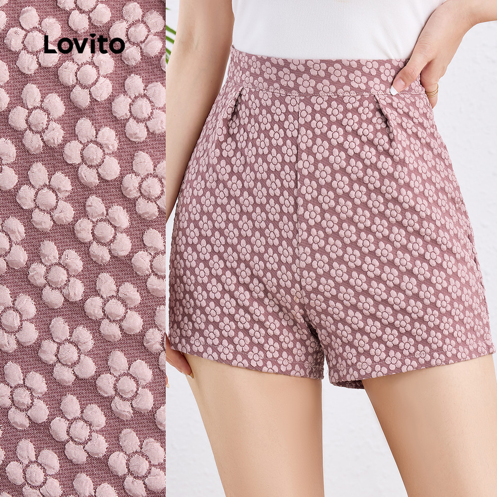 Lovito Shorts Boho Jacquard com Zíper Primavera/verão – Shorts Cor de Rosa para mulheres L138ED388