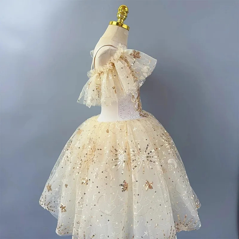 Crianças Românticas Ballet Tutu Vestido Menina Saia De Dança Ouro Lantejoulas Desempenho Roupas Longo De Princesa — imagem 2 de 2