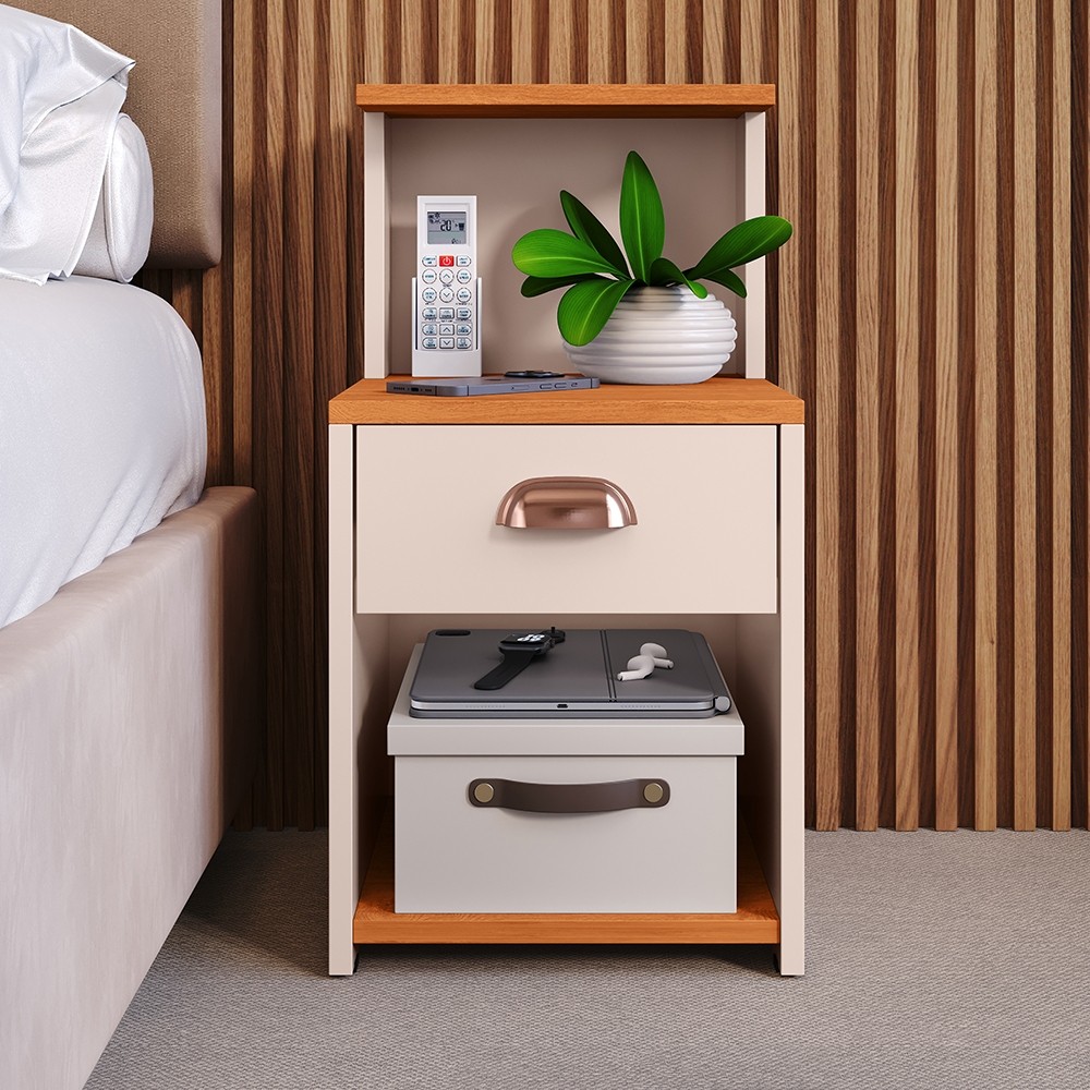 Mesa de Cabeceira Criado Quarto Casal Cama Box com Gaveta Nicho e Prateleira Compacta Bide Cama Cleo - Facil Montagem