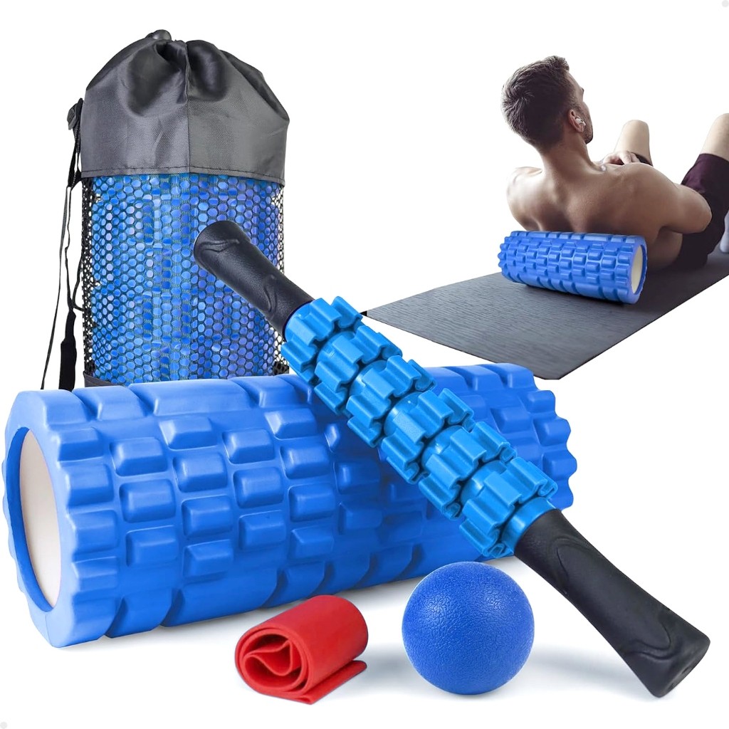 Imagem Kit Completo 4x1 Lorben Rolo de Massagem Bastão Miosfascial Bola Lacrosse Faixa Elástica Band Bolsa Promocao
