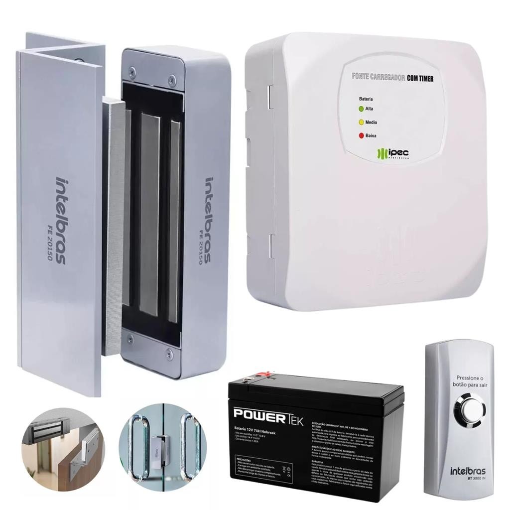 Kit Fechadura Eletroímã Intelbras FE 20150 +Botoeira BT 3000 IN +Fonte + Bateria:Acesso Ininterrupto