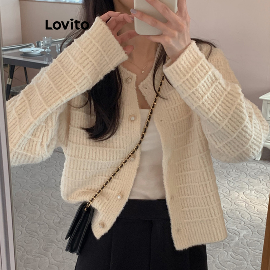 (Trendy) Lovito Cardigans Casuais Com Botão Frontal De Metal Cardigãs De Verão/Primavera Para Mulheres LNE36311 - Women Clothes
