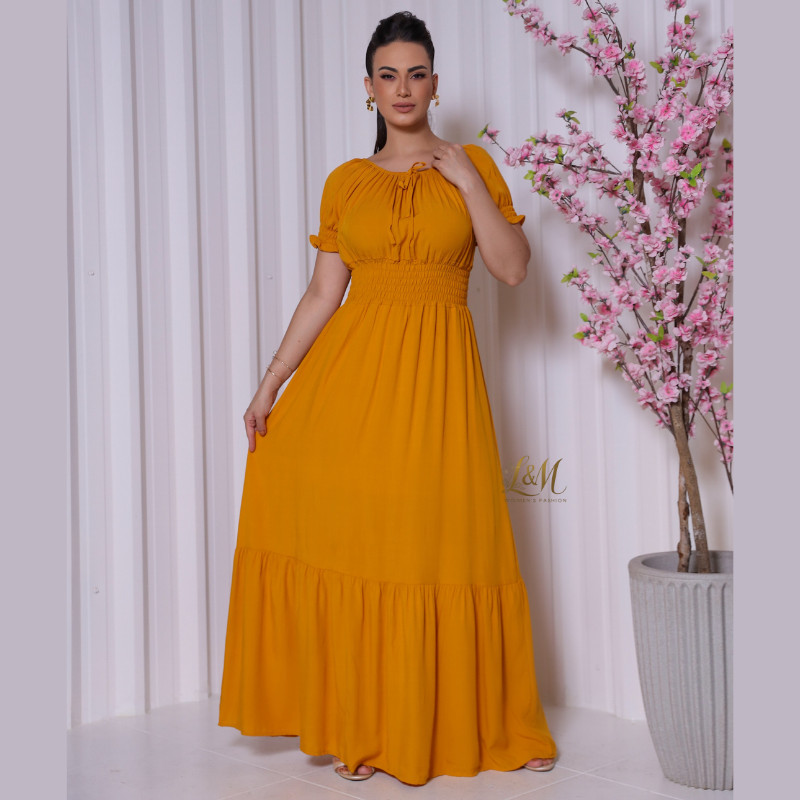 Vestido Longo Feminino Viscolinho Festa Liso Com Forro Elástico Confortável Elegante Casual Social
