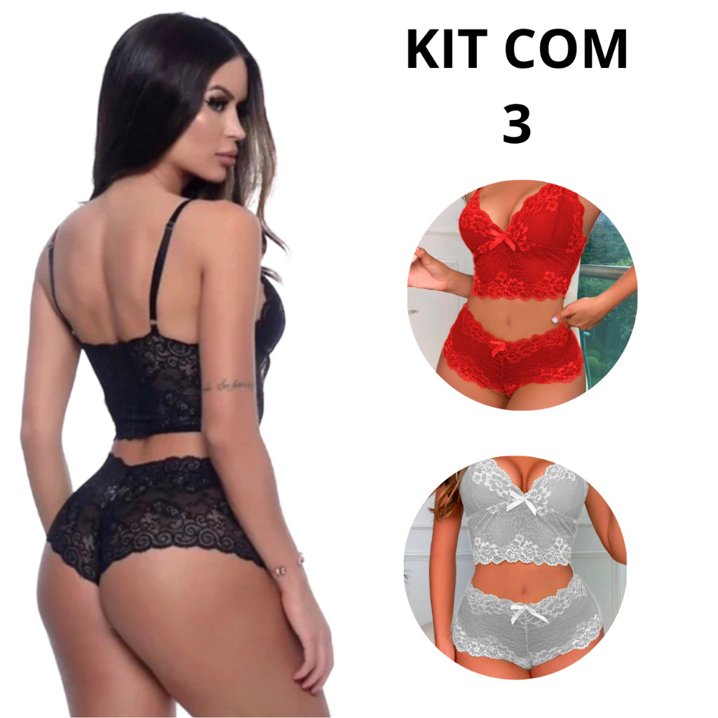 kiT 3 Conjuntos Lingerie Feminino de Renda Sexy Caleçon e Sutiã Sem Bojo Conjunto Espera Marido