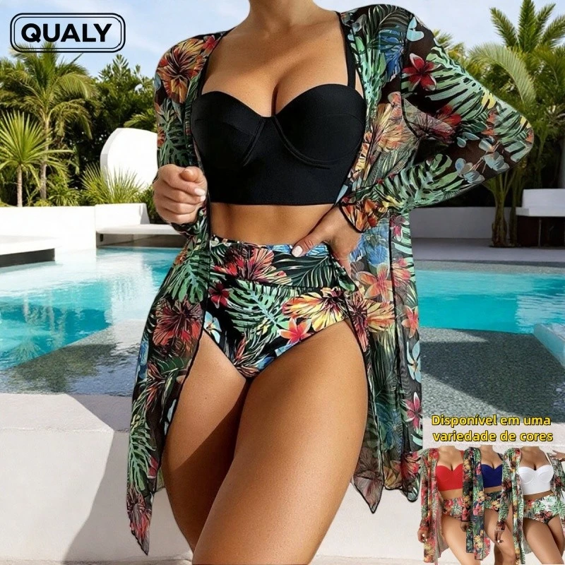 conjunto biquíni 3 peças feminino com saida de praia verão Com Estampa Planta - QUALY