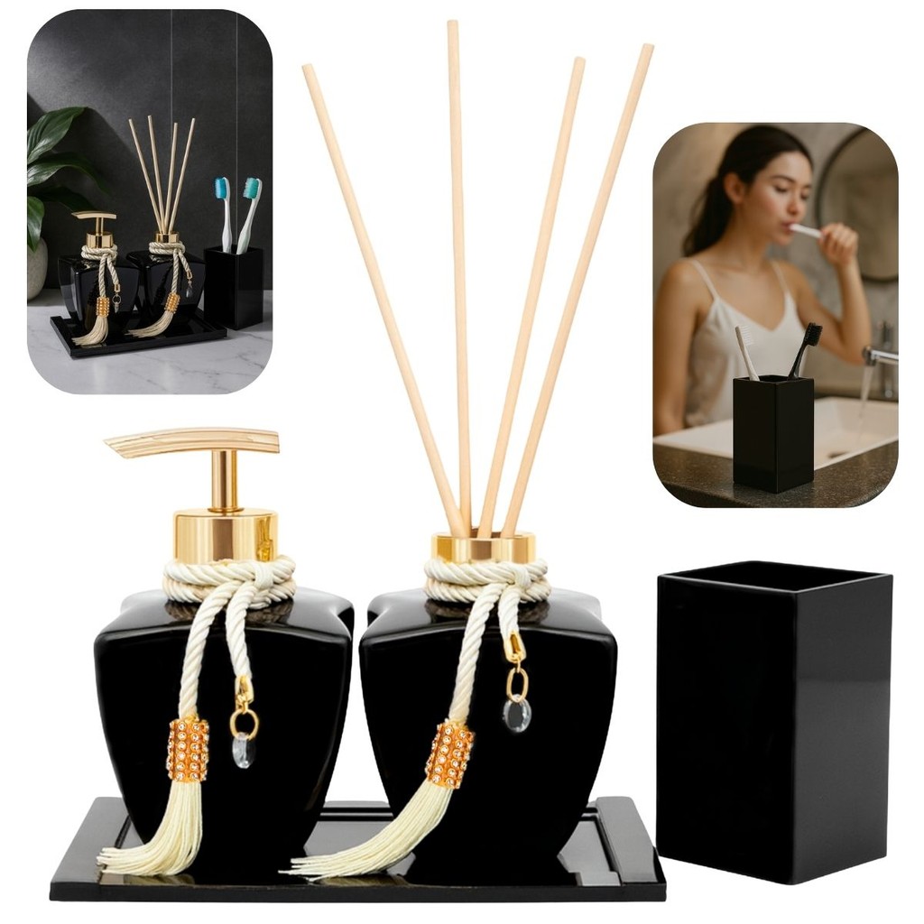 Kit Lavabo Banheiro Estrela Preto 280ml Sabonete Difusor Ambiente Porta Objeto Decorativo