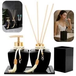 Kit Lavabo Banheiro Estrela Preto 280ml Sabonete Difusor Ambiente Porta Objeto Decorativo