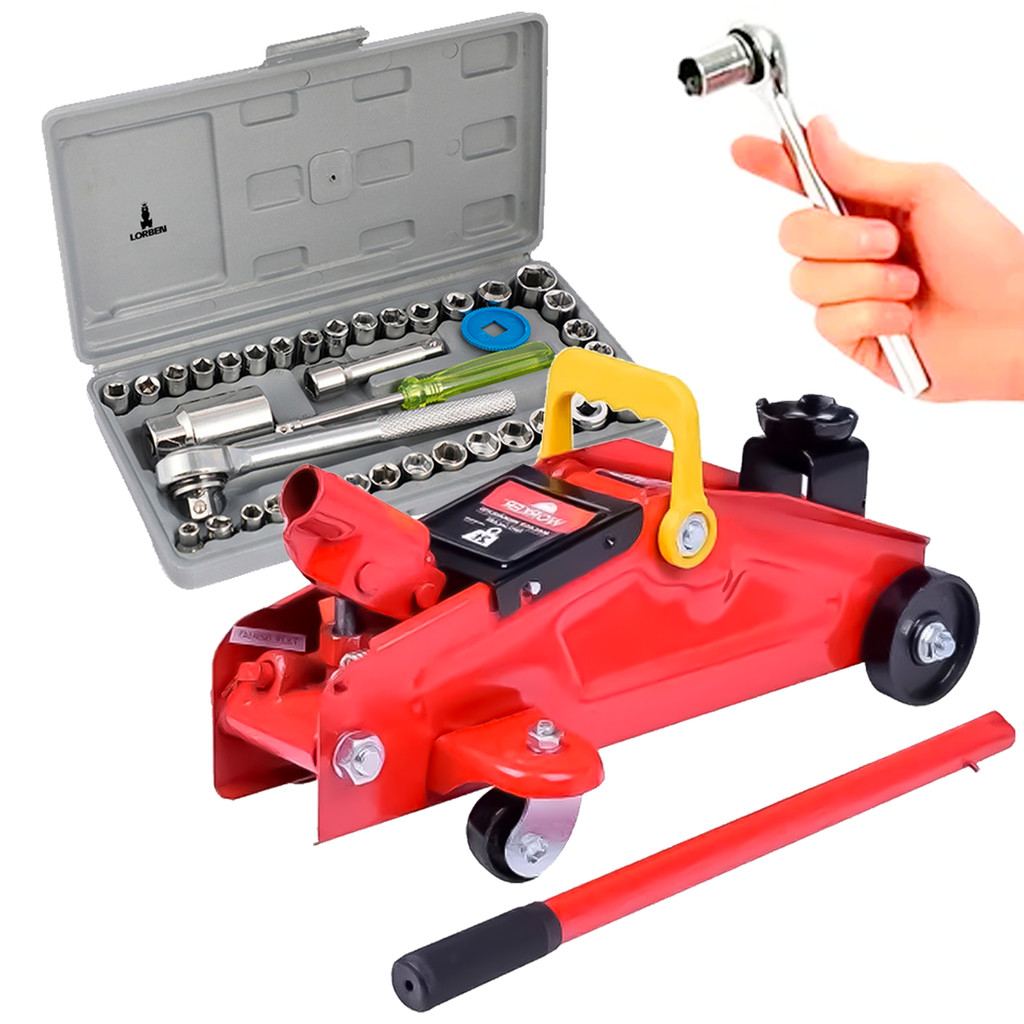 Kit Mecânico Profissional Macaco Hidráulico Jacaré 2T Eleva Car + Jogo Soquetes 40 Pçs Chave Catraca em Oferta na Shopee