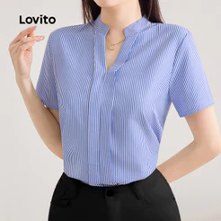Lovito Elegante Blusa de Primavera/verão Azul para mulheres L243AD605
