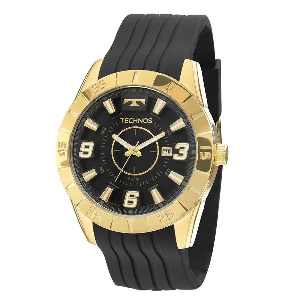 Relógio Pulso Masculino Technos 2115KZA8P Racer Premium Dourado Fundo Preto Analógico Pulseira Silicone Prova D'água 50m
