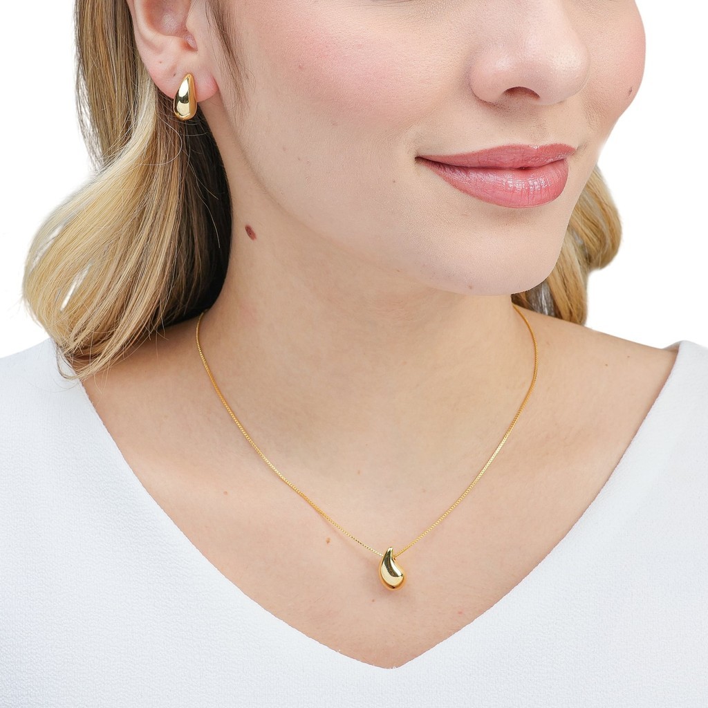 Conjunto Brinco e Colar Gota Bold Lisa Virgula Banhado a Ouro 18K - D France Semijóias