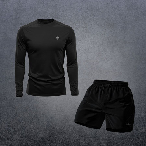 Conjunto Camiseta Dry Fit Manga Longa Proteção Uv e Short Masculino Academia Praia