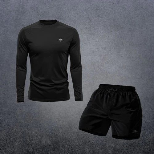 Conjunto Camiseta Dry Fit Manga Longa Proteção Uv e Short Masculino Academia Praia — imagem 1