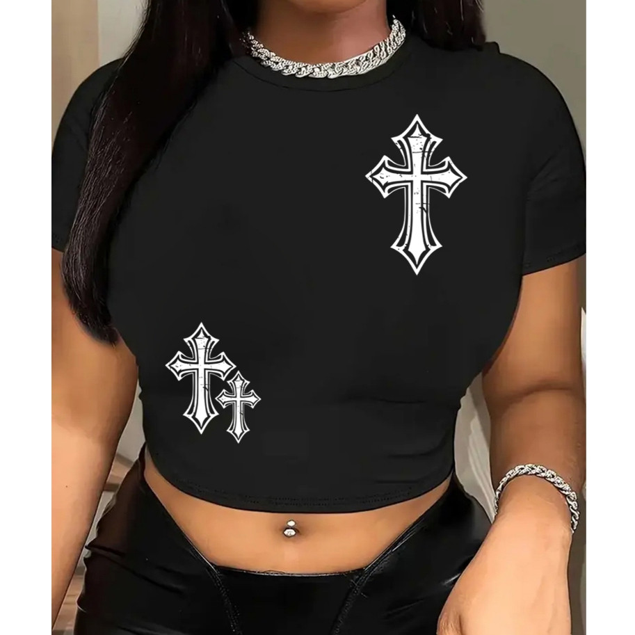 Crooped Slim Gotico Cruz Estilo de Rua Menina Urbano Sexy Estilo
