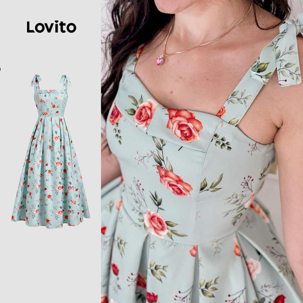 Lovito Vestido Elegante de Renda com Zíper de Amarrar Toque Suave Verde Primavera/verão para Mulheres LBL26192 em Oferta na Shopee