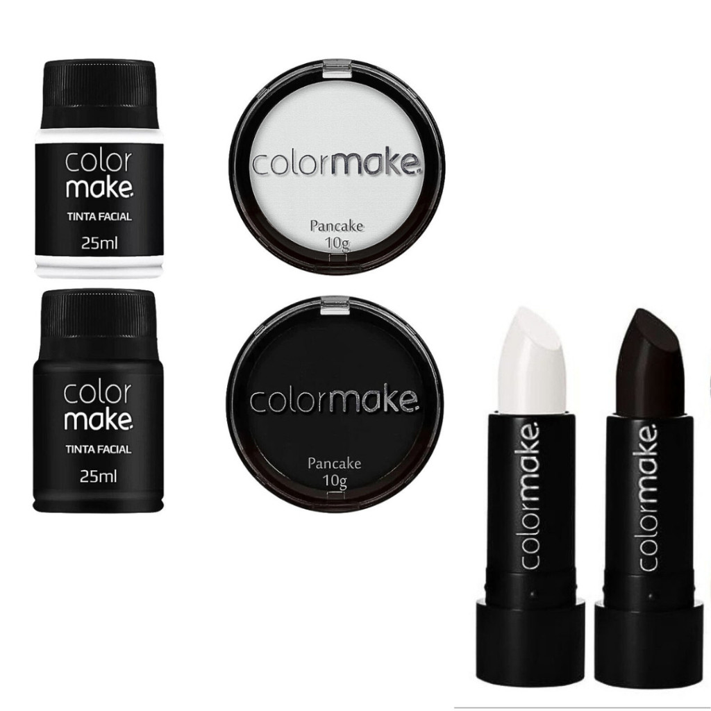 Kit Maquiagem Halloween Preto e Branco Colormake | 2 Pancakes + 2 Tintas Líquidas 35ml + 2 Batons | Fantasia & Cosplay