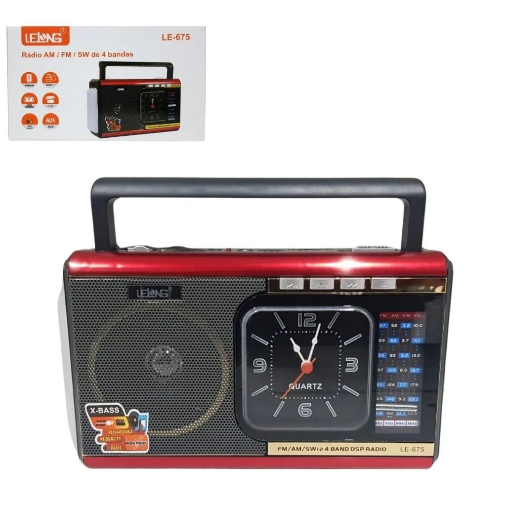 Radio Portátil Bluetooth Am Fm Sw Usb Sd Aux Lanterna Relógio Quartz Alarme Duplo Led Le-675