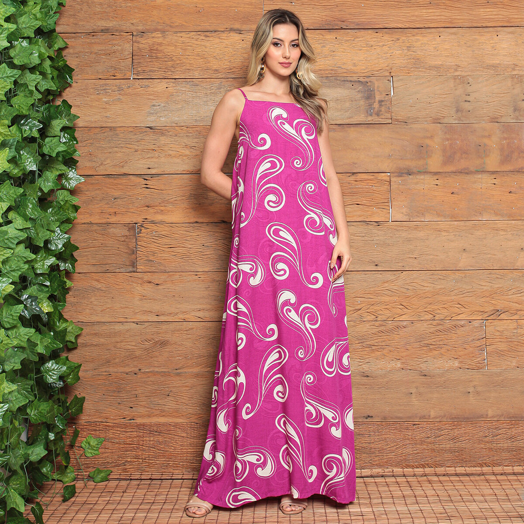 Vestido Longo Alça Fina Com Regulagem Estampado Moda Feminina Luxo