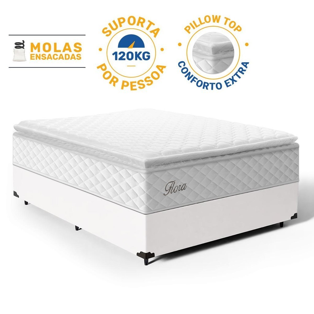 Cama Box com Colchão de Molas Ensacadas Pillow Top Flora Casal 138cm em Oferta na Shopee