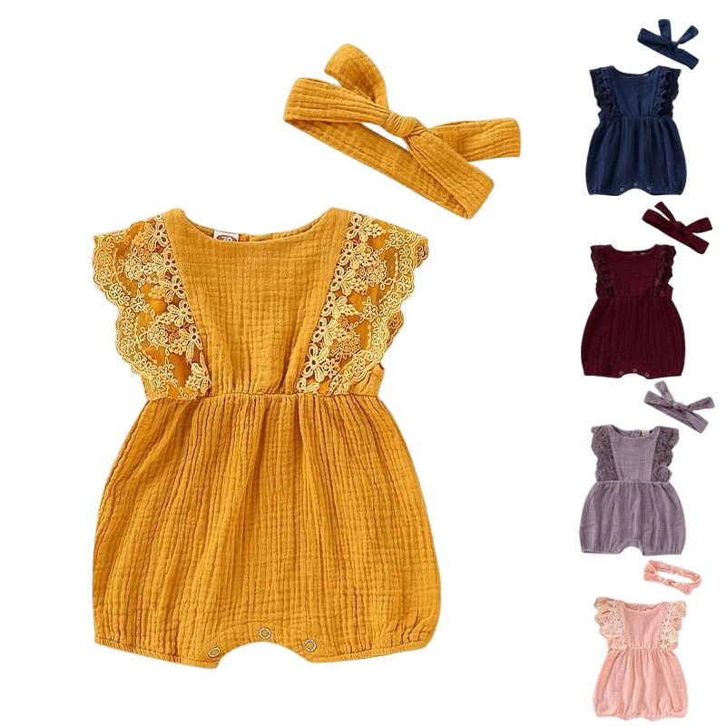100 % Algodão 0-2 Anos Baby Girl Romper Renda Patchwork Fato De Salto Sem Mangas + Fita De Cabeça 2PCS Set Outfit