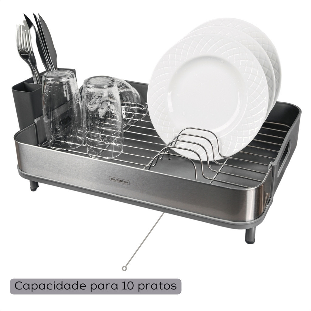 Detalhes do Escorredor de Louça Aço com Porta Talheres Removível e Vazão de Água