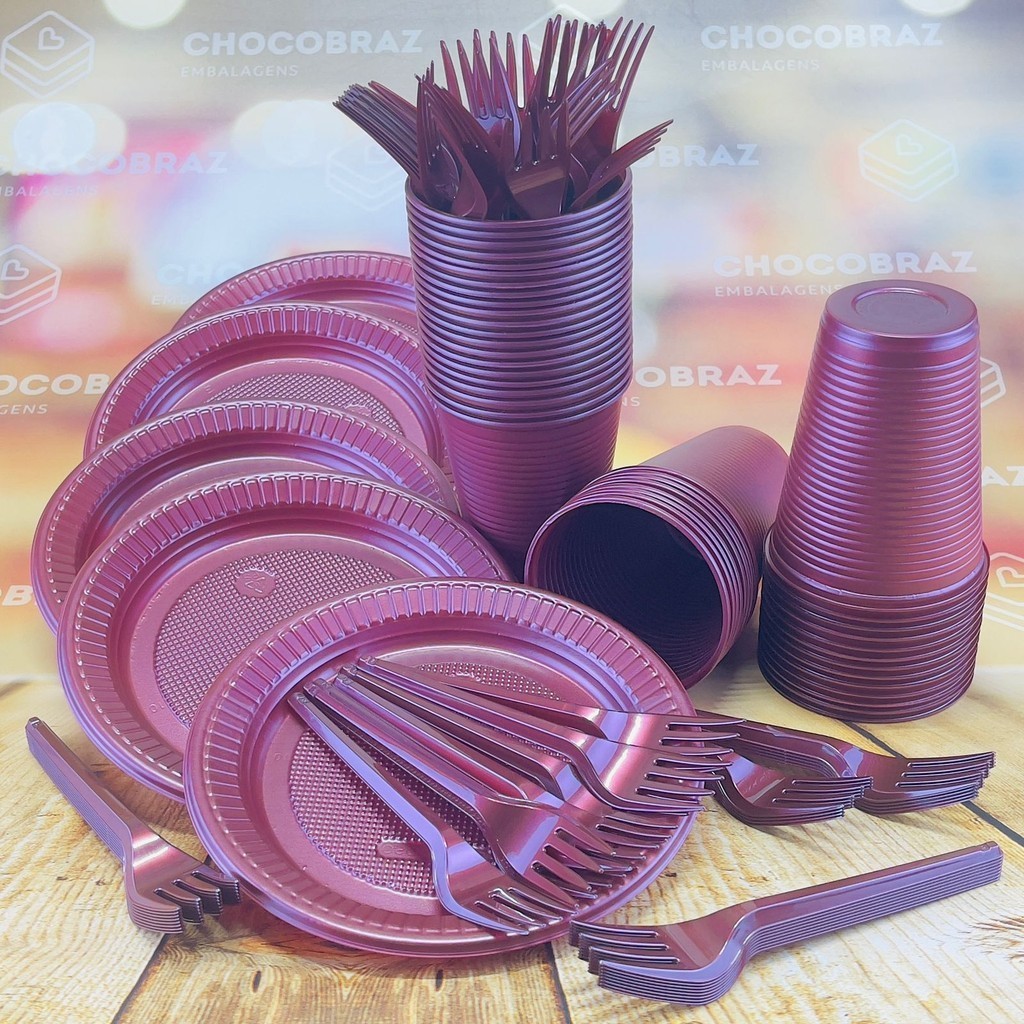 Kit Festa 50 PESSOAS DESCARTAVEIS VINHO BORDÔ PEROLADO GARFO + PRATO + COPO em Oferta na Shopee