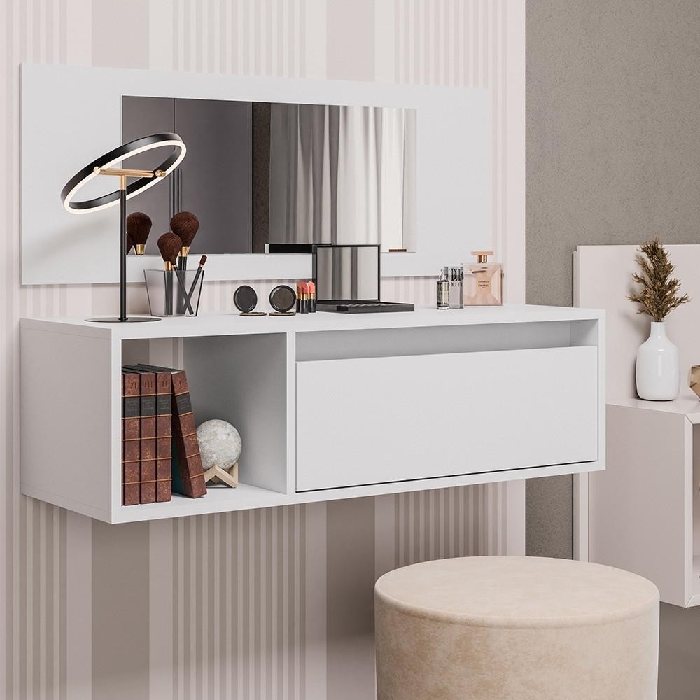 Penteadeira Camarim com Espelho Suspensa 90cm 1 Gaveta Elle Z34 Branco - Mpozenato