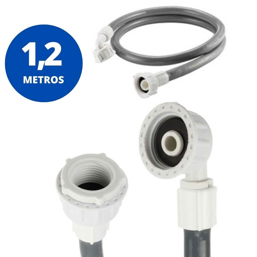 Mangueira Entrada Água Máquina de Lavar Universal Cinza Kaztec 1,2m Tubo de Reposição Conector Standard Lavanderia
