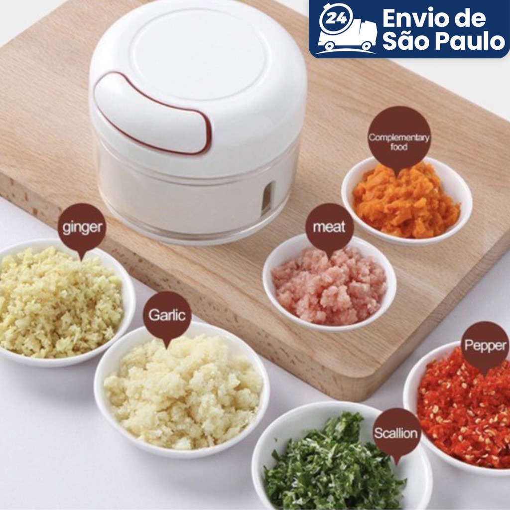 Mini Processador Manual Alimentos 2 Laminas Inox Triturador, Espremedor De Alho, Picador, Legumes, Carnes, Frutas, Verduras