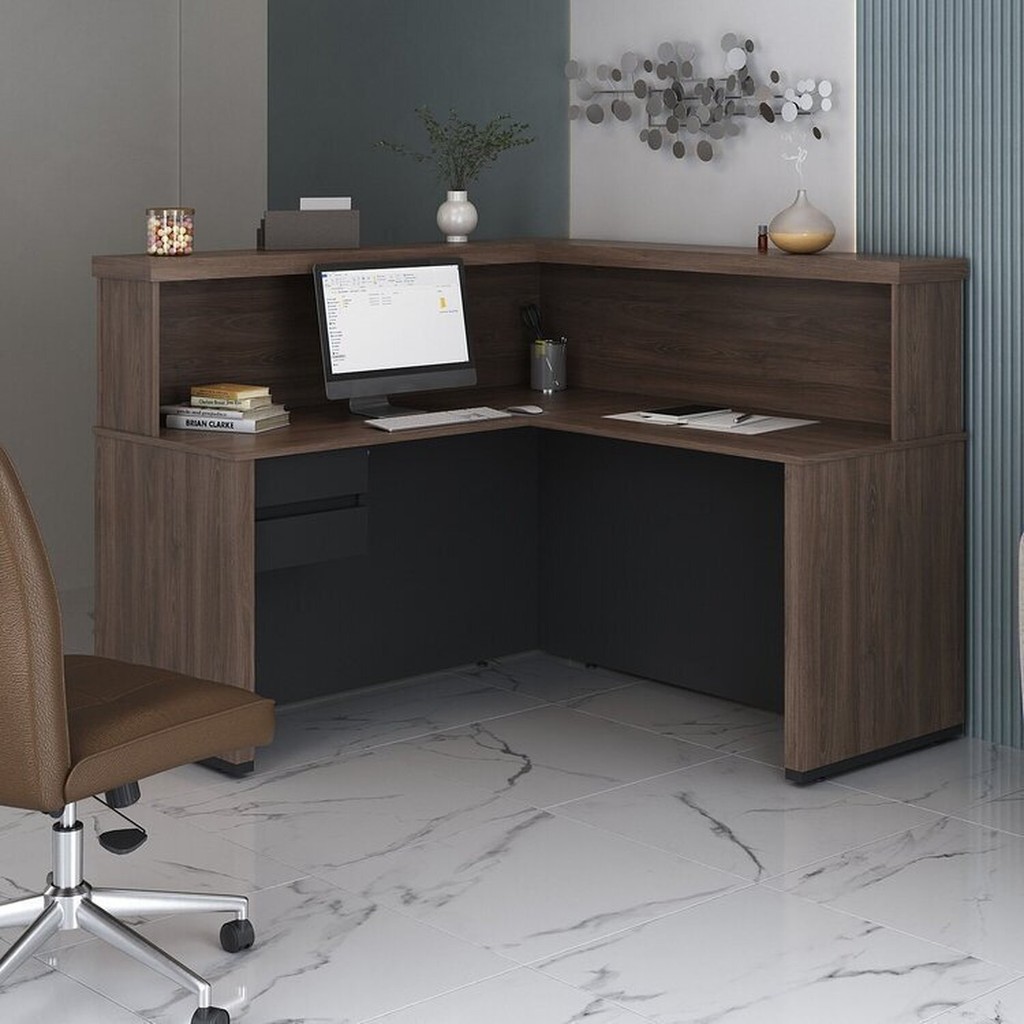 Balcão para Atendimento Recepção em L com 2 Gavetas 147,7x147,7cm Charuto/Preto em Oferta na Shopee