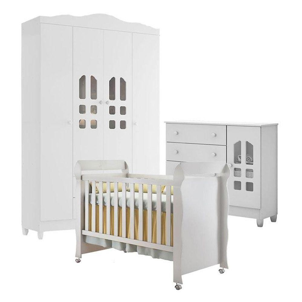 Quarto De Bebê New Selena 4 Portas Com Cômoda Selena E Berço Mirelle Branco Brilho em Oferta na Shopee