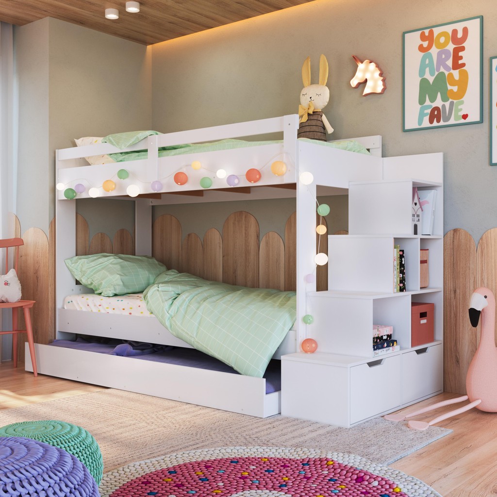 Detalhes do Cama Treliche Infantil Bicama Menino Menina 2,32m com Escada, Nichos e Gavetas Branca