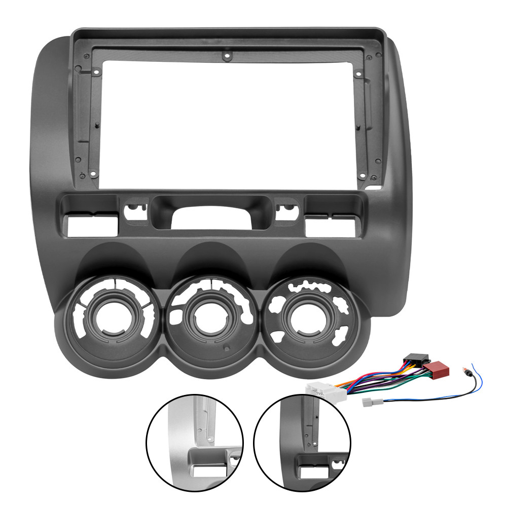 Kit Moldura Painel 9 Pol Fit 2004 2005 2006 2007 2008 2 Din Grafite Prata Chicote Som Plug Antena