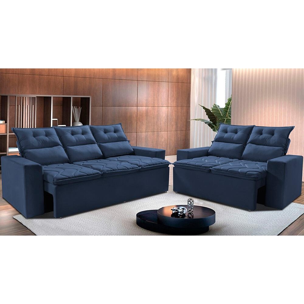 Conjunto de Sofá 3 e 2 Lugares Retrátil e Reclinável 2,00x1,50m Cama inBox Smal Suede Azul - Home & Living