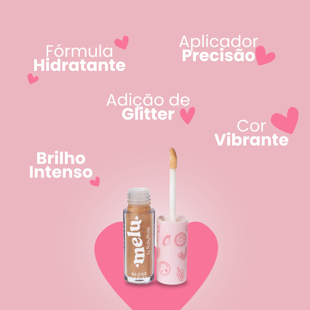 Gloss Labial Com Brilho Glitter Melu 3,4ml Ruby Rose Líquido Brilhante Vitamina E Hidratante Cobertura Uniforme · foto 2