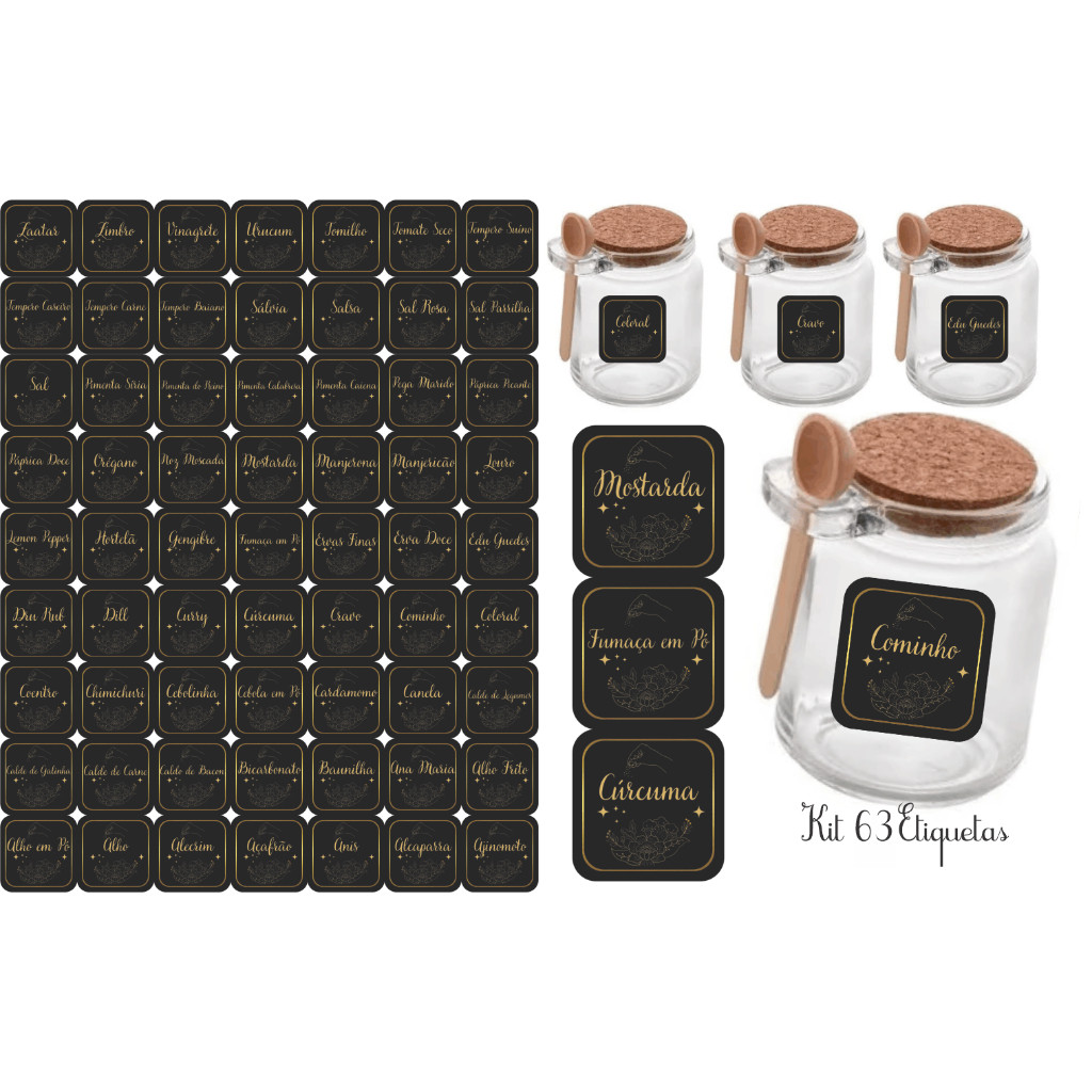 Kit 63 Adesivos tag rotulo etiqueta 3x3 cm à Prova d'Água Água para Potes Tempero Design em Quadrado Bandeirinha e Cor Preta Vibrante Organização  e  Estilo Duradouros para Sua Cozinha Potes de Tempero na Cor Preta Para Seu Vidro Pote tubete condimento