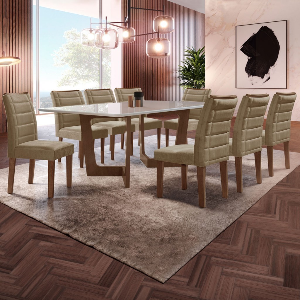 Mesa de Jantar 8 Lugares Nápoles/Genova com Vidro Chocolate/Off White/Marrom Claro - Cel Móveis - Home & Living
