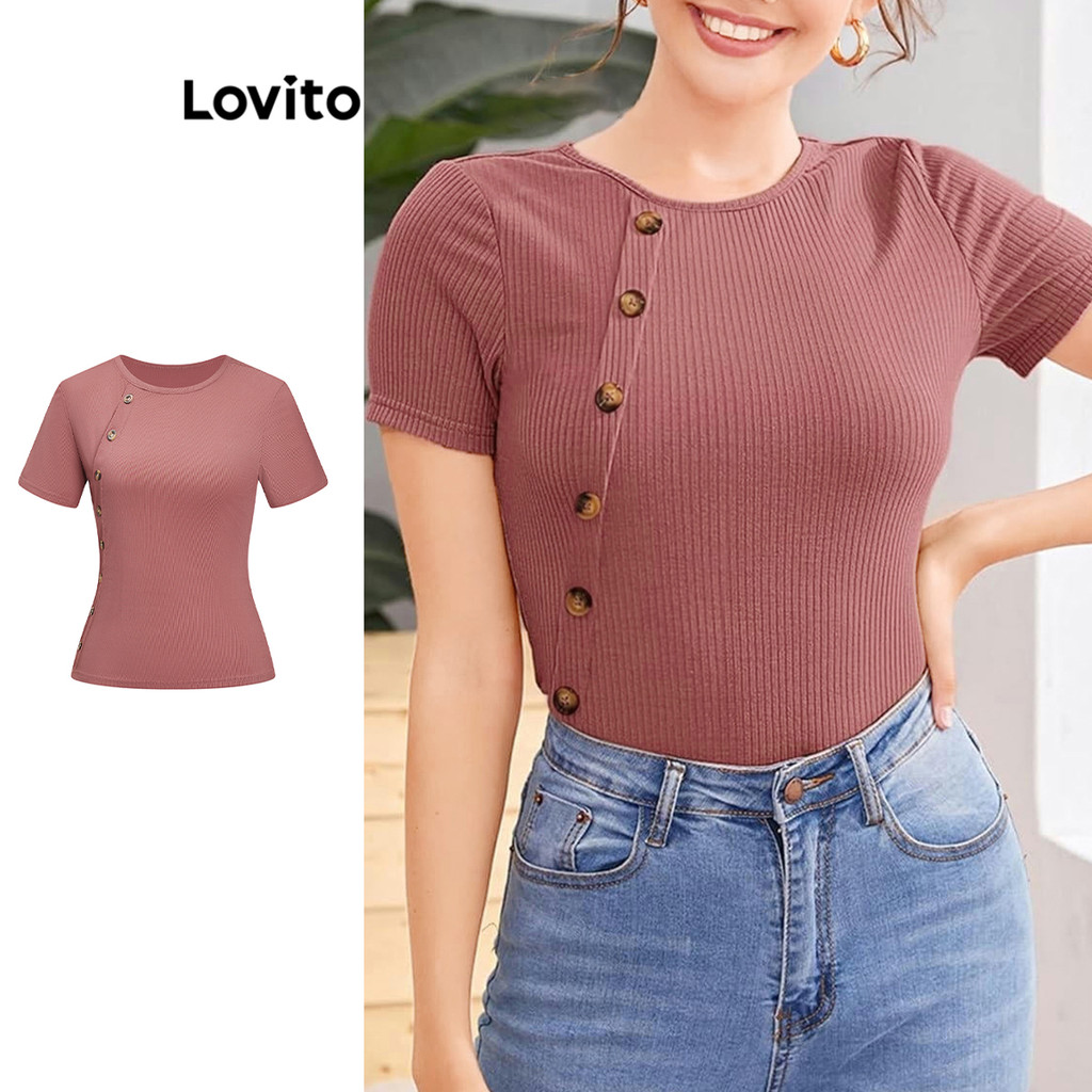 Lovito Camiseta Casual Com Botão Liso Assimétrico Para Mulheres L105MD124 - Women Clothes