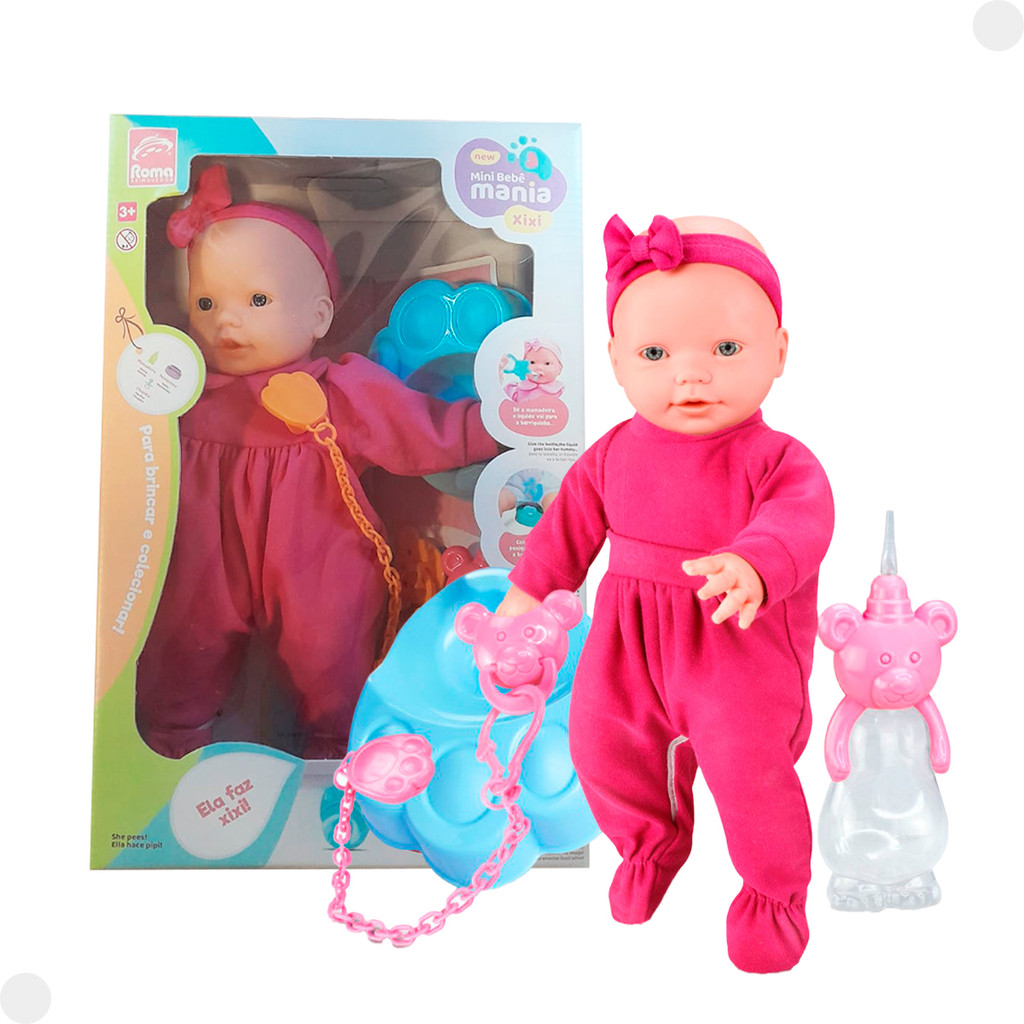 Boneca Mini Bebê Mania Xixi + Acessórios Rosa 5340 - Roma em Oferta na Shopee