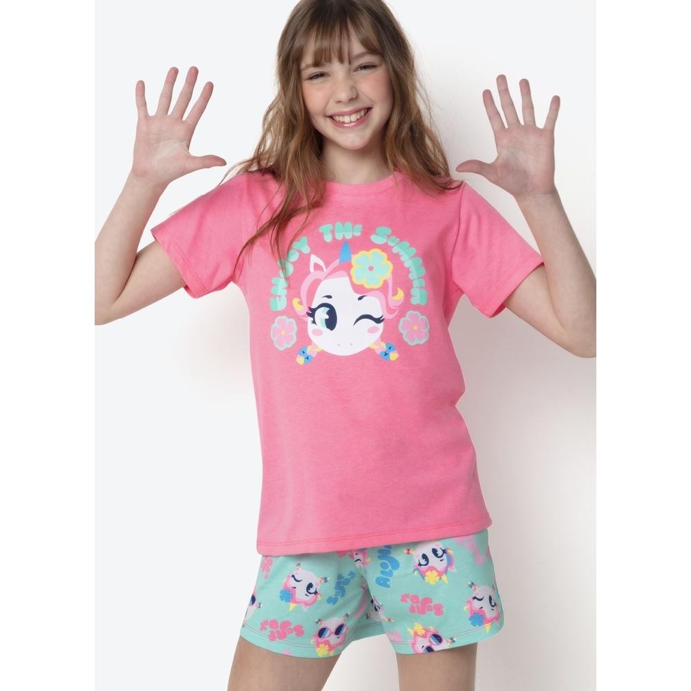 Pijama Infantil Feminino Verão Camiseta Manga Curta e Shorts Algodão 2 Peças Unicórnio Aloha Puket em Oferta na Shopee