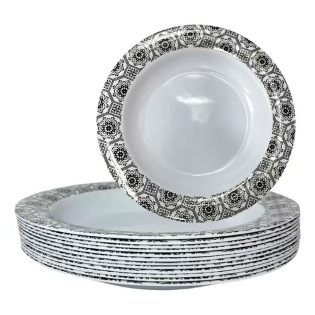 Kit 12 Pratos Fundo 25cm Preto Melamina Refeição Buffet em Oferta na Shopee